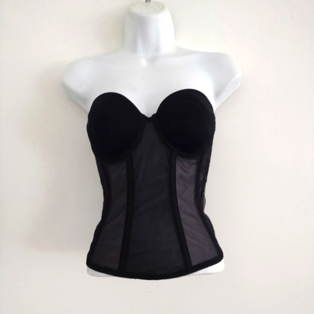 Wacoal Sheer Bone Black Strapless Victorian Goth Top Bustier Corset